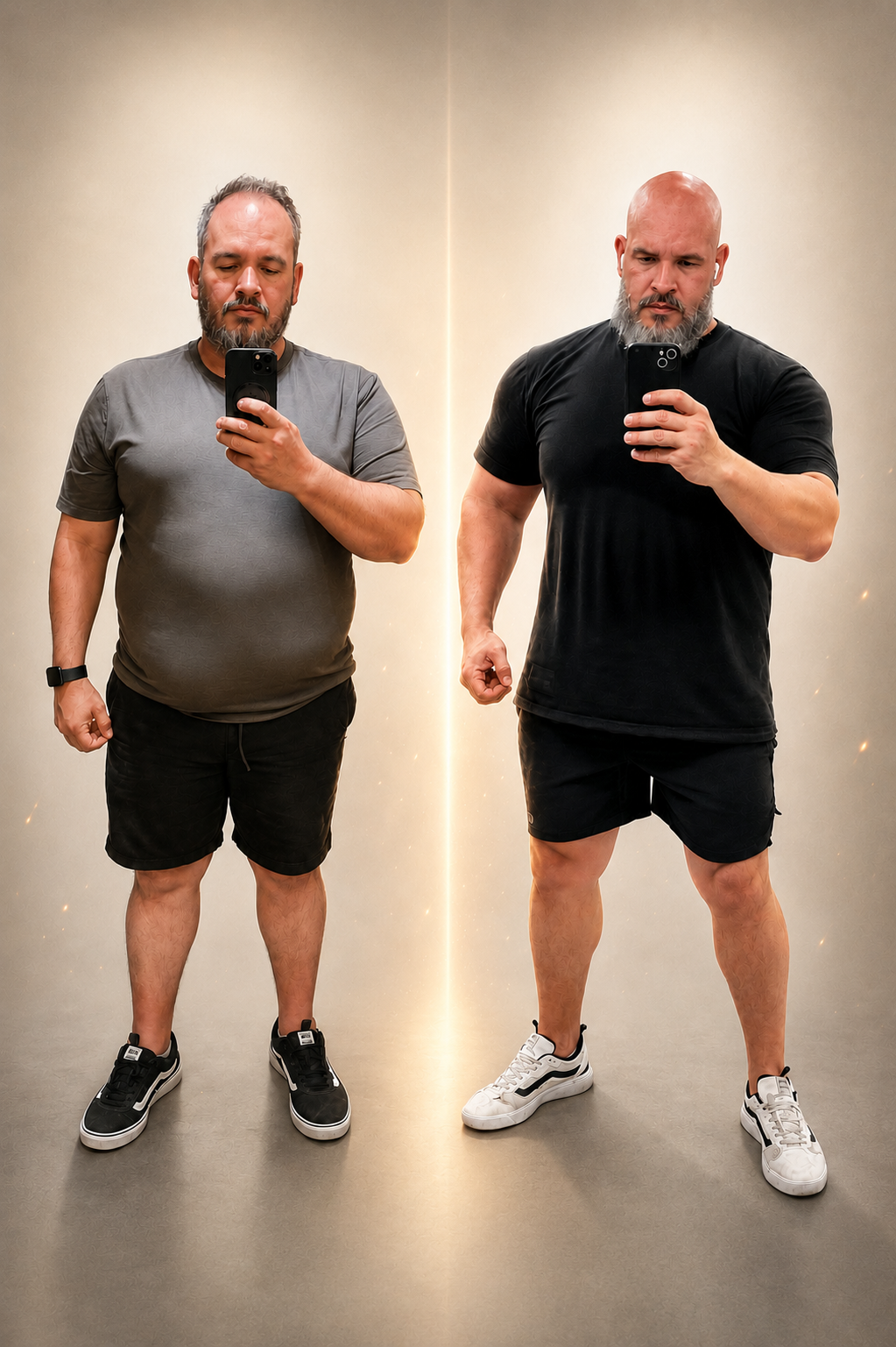 Antes e depois — transformação de 168kg para 108kg em ~4,5 anos